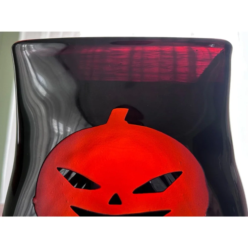 Spooky Oxblood Red Glowing Cut Glass Pumpkin Face Tea Lite Vase Halloween Italy